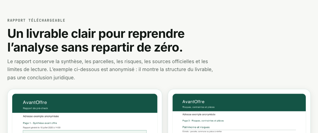 Extrait d'un rapport AvantOffre avec sources et points de vérification